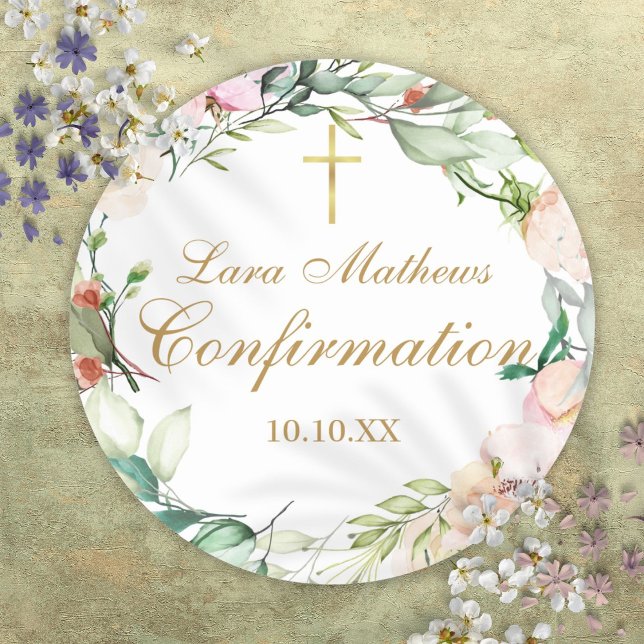 Roses Floral Garland Gold Script Confirmation Classic Round Sticker (Roses Floral Garland Gold Script Confirmation Classic Round Sticker)