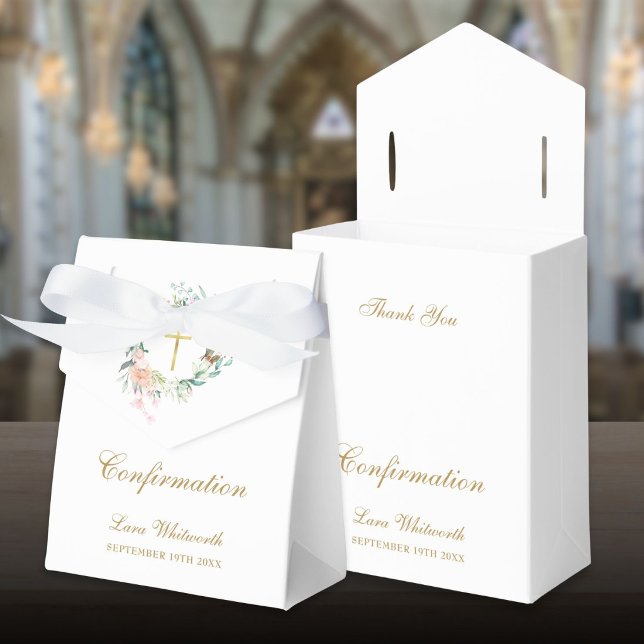 Roses Floral Garland Gold Script Confirmation Favour Box (Roses Floral Garland Gold Script Confirmation Favor Boxes)