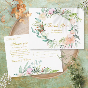 Roses Floral Garland Gold Script Thank You Postcard
