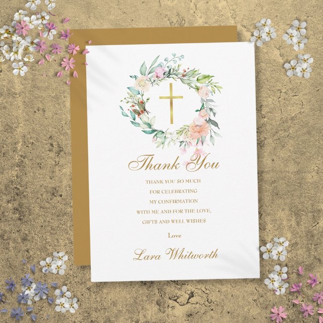 Roses Floral Gold Script Confirmation Thank You Card (Roses Floral Gold Script Confirmation Thank You Card)