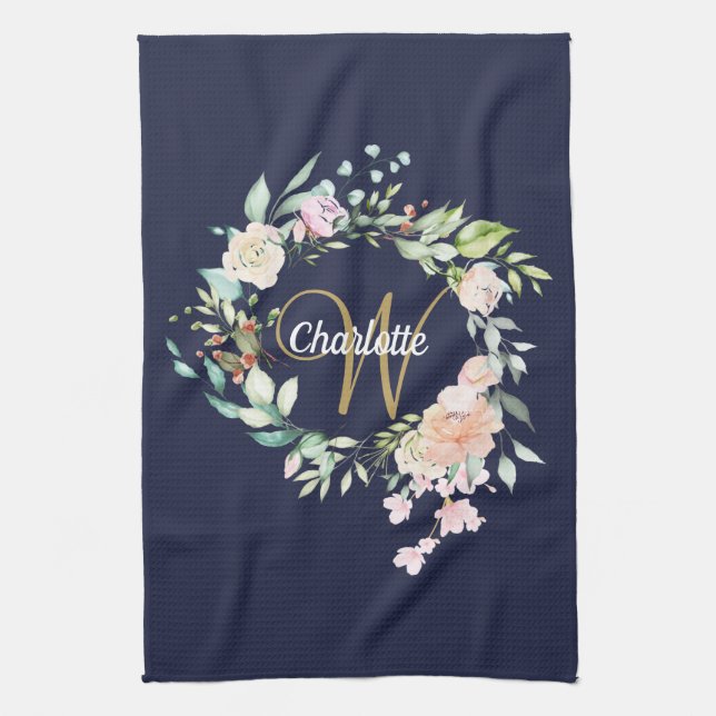 Roses Floral Gold Script Monogram Navy Blue Tea Towel (Vertical)