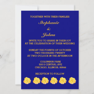 Roses Floral Golden Yellow Gold Navy Blue Wedding Invitation