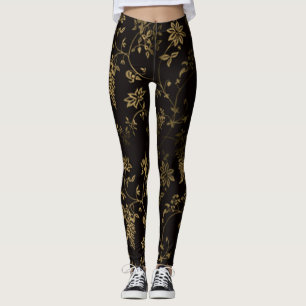 Roses floral green red Black modern chic Leggings
