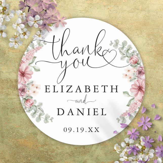 Roses Floral Heart Script Thank You Wedding Favour Classic Round Sticker (Roses Floral Heart Script Thank You Wedding Favor Classic Round Sticker)