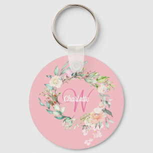 Roses Floral Initial Script Monogram Pink Key Ring