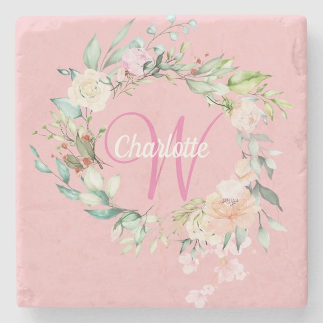 Roses Floral Initial Script Monogram Pink Stone Coaster (Front)