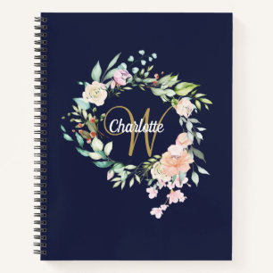 Roses Floral Monogram Gold Script Navy Blue Notebook