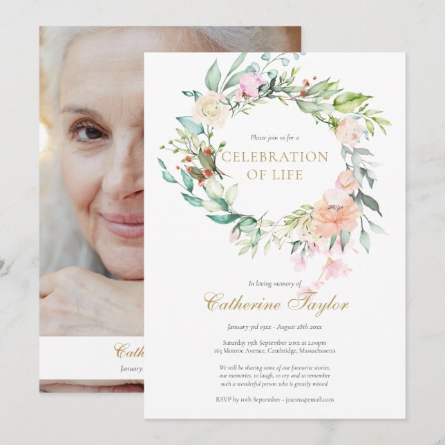 Roses Floral Photo Celebration of Life Funeral Invitation (Front/Back)
