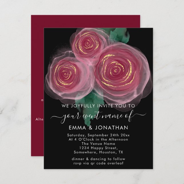 Roses Floral QR Code Gold Burgundy Black (Front/Back)