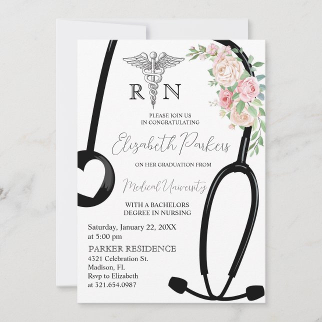 Roses Floral RN Nursing School Graduation Party Invitation (Front)