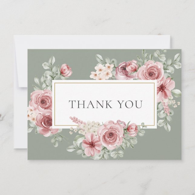 Roses Floral Sage Green Gold Geometric Thank You Card (Front)