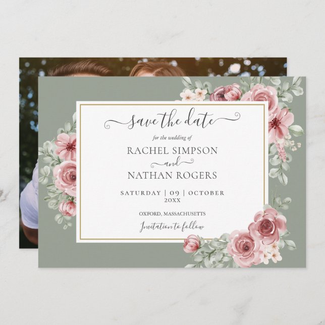 Roses Floral Sage Green Photo Wedding Save The Date (Front/Back)
