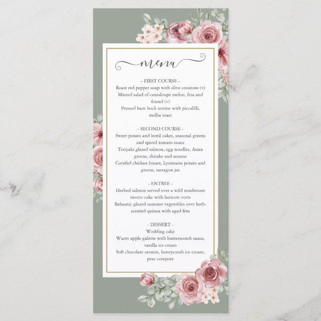 Roses Floral Sage Green Wedding Dinner Menu (Front)