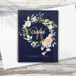 Roses Floral Script Monogram Navy Blue Gold Planner<br><div class="desc">Pretty monogram planner,  featuring a beautiful white script name with a complimenting gold initial that is framed by a delicate watercolor floral rose garland on a navy blue background. Personalise to create a special keepsake gift to treasure! Designed by Thisisnotme©</div>