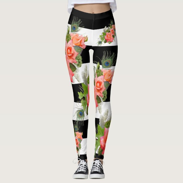Roses Floral Striped Pattern Peacock Feathers Leggings (Front)