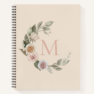 Roses Floral Wreath Monogram Initial Recipe Notebook