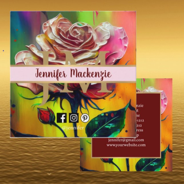 Roses Flower Gold Pretty Pink AI Generated Square Business Card (Creator Uploaded)