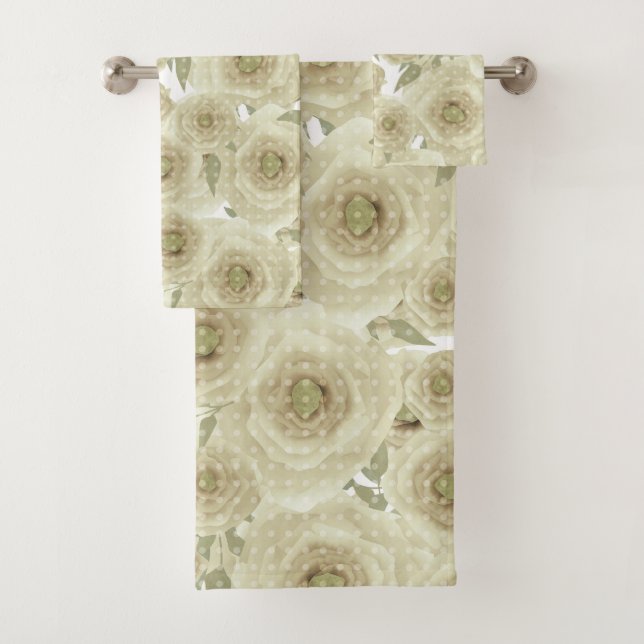 Roses flowers abstract floral print beige colours bath towel set (Insitu)