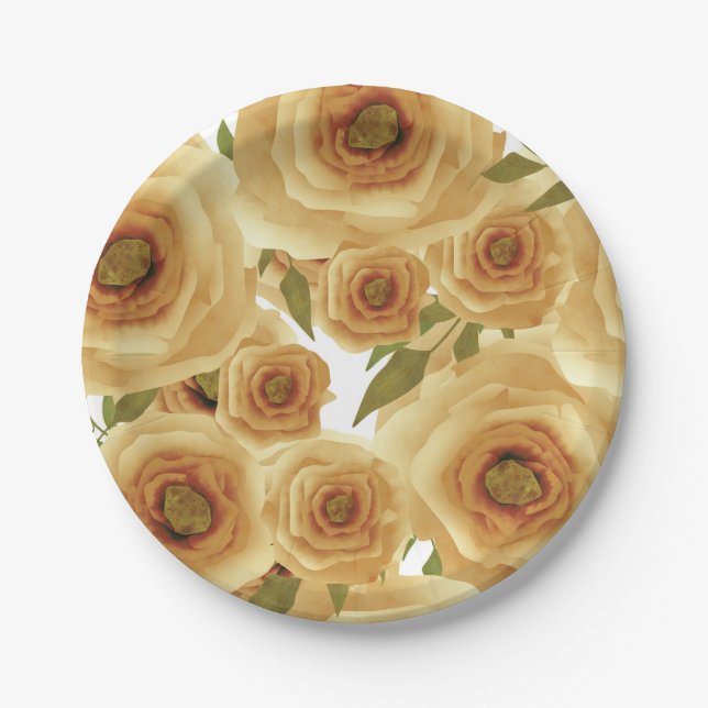 Roses flowers abstract floral print beige colours paper plate (Front)