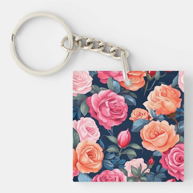 Roses Flowers Bloom Pattern Key Ring (Front)