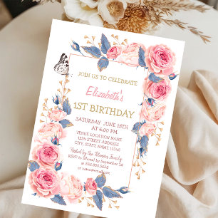 Roses Flowers Buttetrfly Striped Birthday Invitation