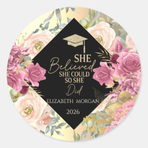 Roses Flowers Gold Cap Motivational Message  Classic Round Sticker