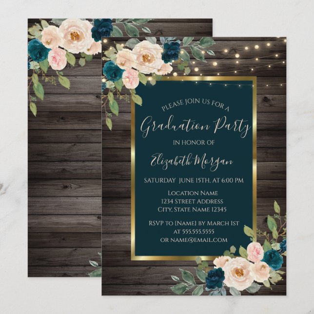 Roses Flowers Lights,Dark Wood Graduation Party  Invitation (Front/Back)