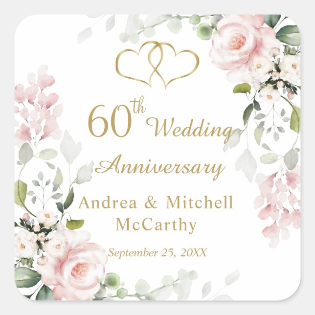 Roses Foliage Hearts 60th Wedding Anniversary  Square Sticker (Front)