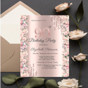 Roses Frame Drips Rose Gold 90th Birthday   Invitation