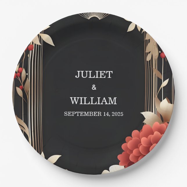 Roses Garden Diamond Red Black And Gold Wedding Paper Plate (Front)