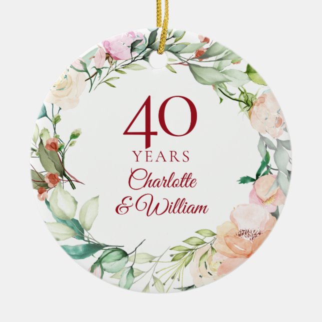 Roses Garland 40th Ruby Wedding Anniversary Ceramic Tree Decoration (Front)