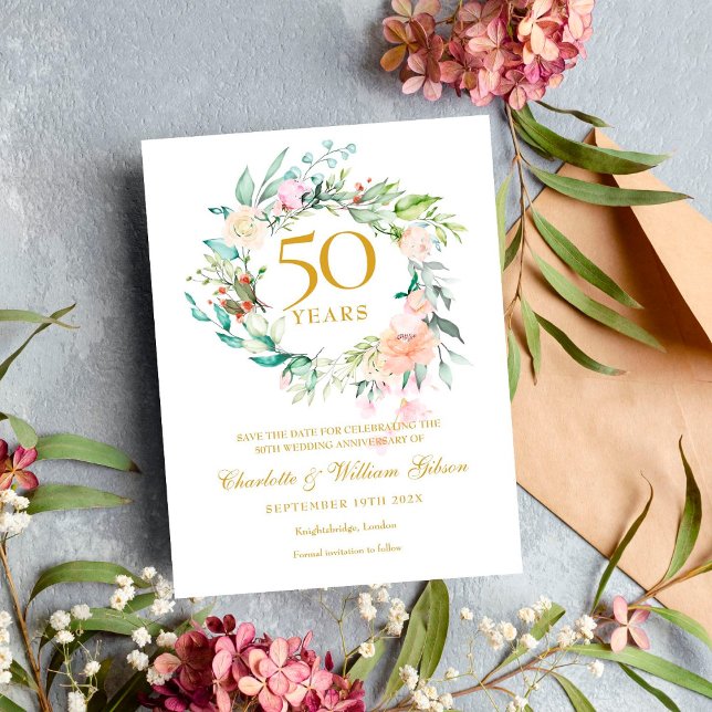 Roses Garland 50th Anniversary Save the Date Announcement Postcard (Creator Uploaded)