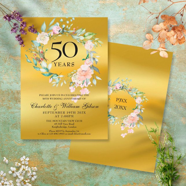 Roses Garland Gold Foil 50th Wedding Anniversary Invitation (Creator Uploaded)