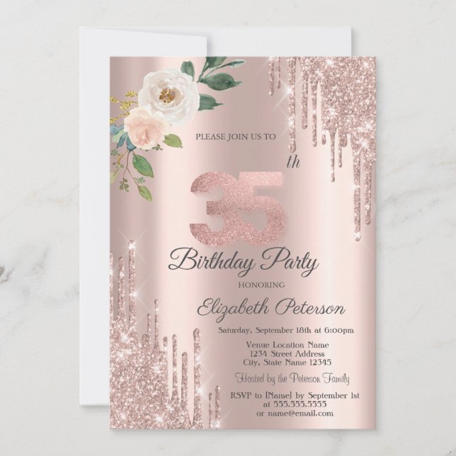 Roses Glitter Drips Rose Gold 35th Birthday   Invitation (Front)