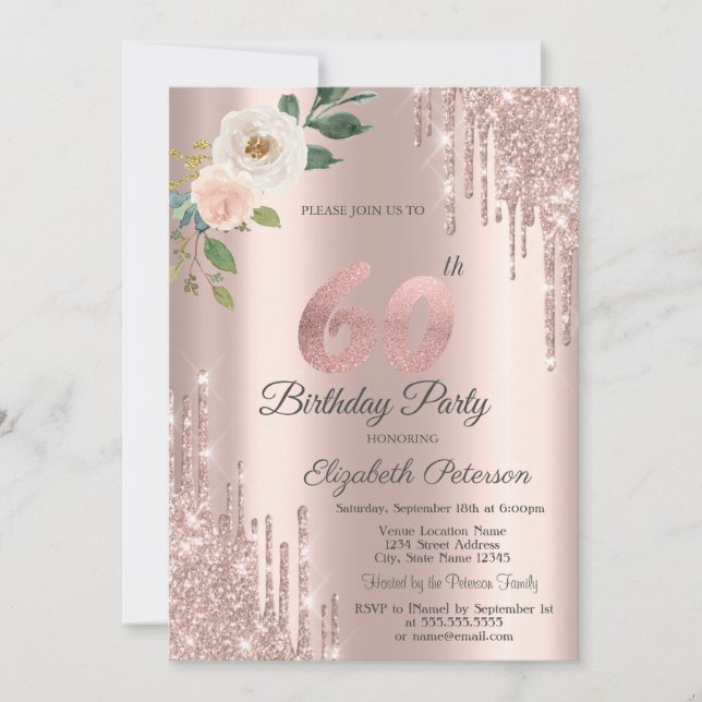 Roses Glitter Drips Rose Gold 60th Birthday   Invitation (Front)