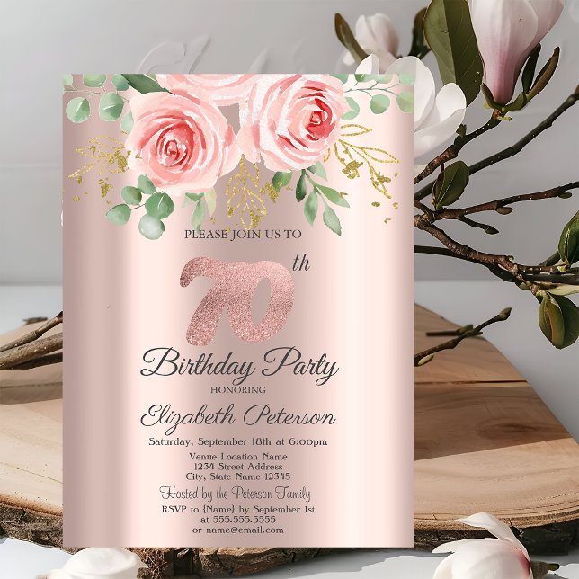 Roses,Glitter Drips Rose Gold 70th Birthday  Invitation (Creator Uploaded)