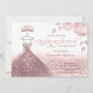 Roses glitter sequins rose gold dress Quinceañera  Invitation