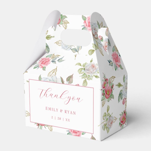 Roses & Gold Engraved Leaves Thank You Favour Box (Front Side)