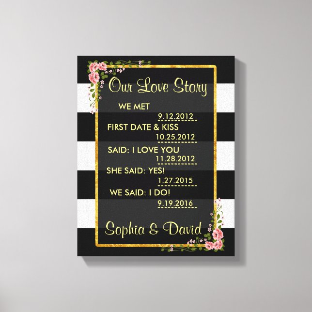 Roses Gold Foil Black Stripes OUR LOVE STORY Canvas Print (Front)