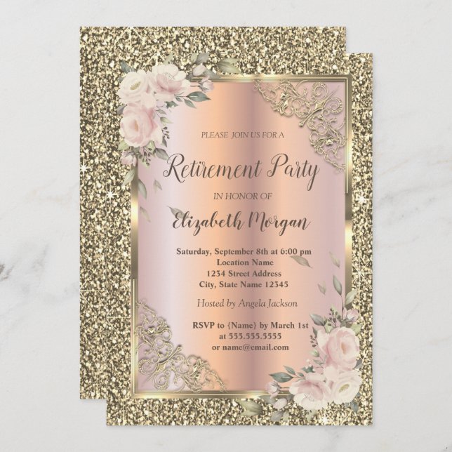 Roses,Gold Frame,Rose Gold,Glitter Retirement Invitation (Front/Back)