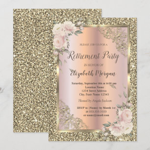 Roses,Gold Frame,Rose Gold,Glitter Retirement Invitation