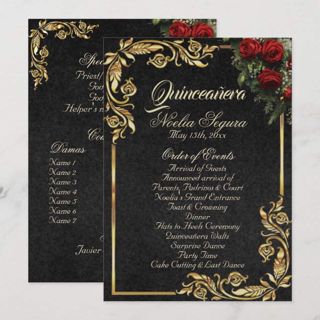 Roses & Gold Leaves - Black Quinceanera Program Programme (Front/Back)