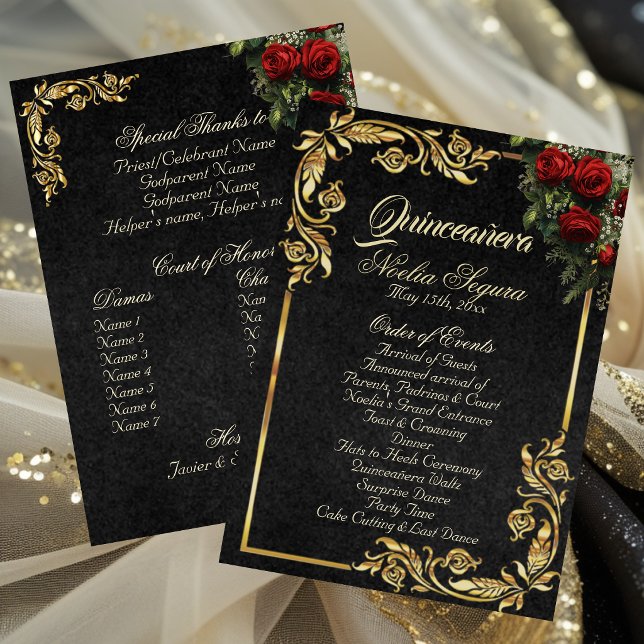 Roses & Gold Leaves - Black Quinceanera Program Programme (Creator Uploaded)