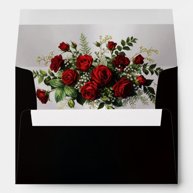 Roses & Gold Leaves Border - Black Envelope (Back (Bottom))