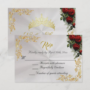 Roses & Gold Leaves - Pearl White RSVP Card