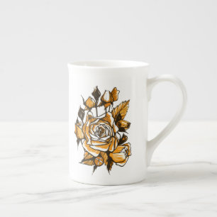 Roses, graphic floral art, blooming rose flowers bone china mug