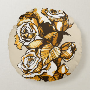 Roses, graphic floral art, blooming rose flowers round cushion