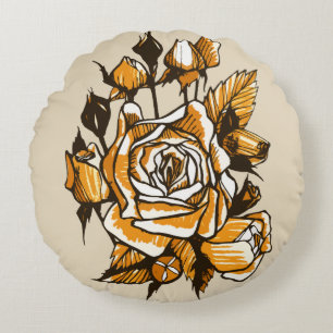 Roses, graphic floral art, blooming rose flowers round cushion