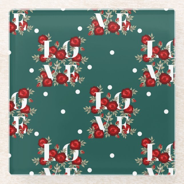 Roses Green "Love" Design Coaster Christmas (Front)