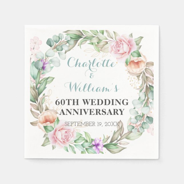 Roses Greenery 60th Diamond Wedding Anniversary  Napkin (Front)
